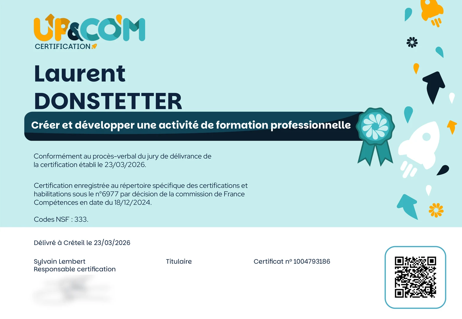 Certification professionnelle de Laurent Donstetter : Créer et développer une activité de formation professionnelle